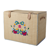 Medium Raffia Storage Basket Embroidered Flowers Rice